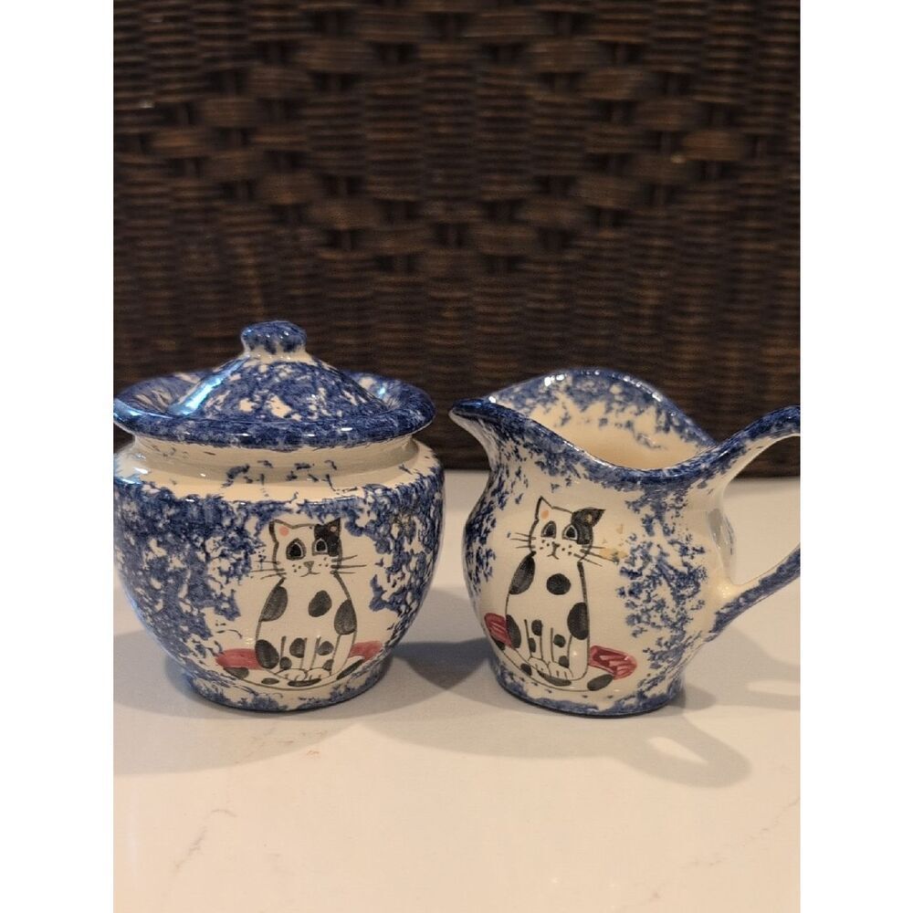 Vintage Blue Spatterware Cat Creamer and Sugar Set by Molly Davis 3 Piece Set